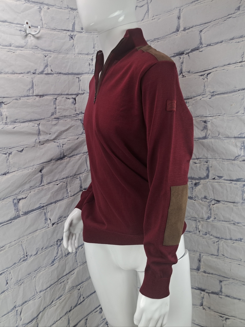 Paul & Shark Yachting Half Zip Sweater Merino Wool Suede Leather Italy Large - Picture 8 of 14